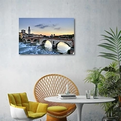 «Италия. Верона. Мост. Закат» в интерьере современной гостиной с желтым креслом