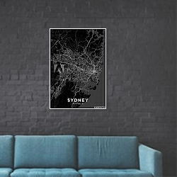 «Темная карта Сиднея» в интерьере в стиле лофт с черной кирпичной стеной