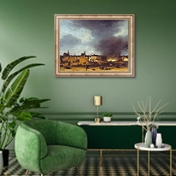 «Вид на Делфт после взрыва в 1654» в интерьере гостиной в зеленых тонах