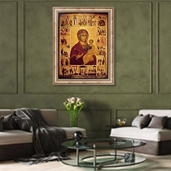 «Icon depicting the Virgin and Child» в интерьере гостиной в оливковых тонах