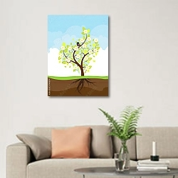 «Весеннее дерево с корнями» в интерьере современной светлой гостиной над диваном