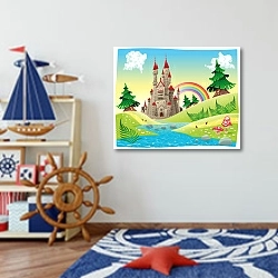 «Замок и радуга» в интерьере детской комнаты для мальчика в морской тематике