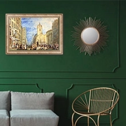 «High Street, Edinburgh, c.1818» в интерьере классической гостиной с зеленой стеной над диваном