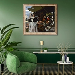 «Адриана ван Хьюсден с дочерью на рыбном рынке» в интерьере гостиной в зеленых тонах