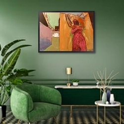 «Woman in Pink Dress, 2016, Mixed Media on Wood Panel» в интерьере гостиной в зеленых тонах