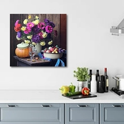 «Большой натюрморт с осенними цветами и плодами» в интерьере кухни в голубых тонах