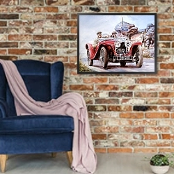 «Автомобили в искусстве 7» в интерьере в стиле лофт с кирпичной стеной и синим креслом