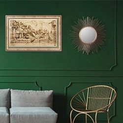 «Perspective Study for the Background of The Adoration of the Magi» в интерьере классической гостиной с зеленой стеной над диваном