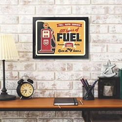«Бензозаправочная станция, ретро плакат » в интерьере кабинета в стиле лофт над столом