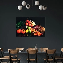 «Свежие овощи 1» в интерьере столовой с черными стенами
