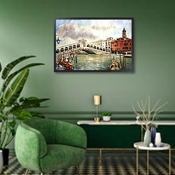 « Вид на канал с моста Риальто, Венеция» в интерьере гостиной в зеленых тонах