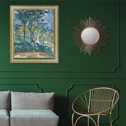 «Landscape, c.1900» в интерьере классической гостиной с зеленой стеной над диваном