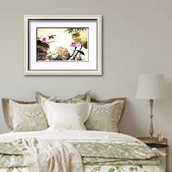 «Птица над озером с цветущими лотосами» в интерьере спальни в стиле прованс над кроватью