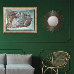 «Sistine Chapel: God Dividing the Waters and Earth» в интерьере классической гостиной с зеленой стеной над диваном