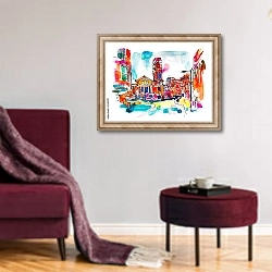 «Красочный эскиз живописной улицы Лондона с церковью» в интерьере гостиной в бордовых тонах