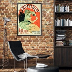 «Reproduction of a poster advertising 'Pippermint', 1899» в интерьере кабинета в стиле лофт с кирпичными стенами