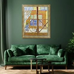 «Вид на лавку колбасника через окно» в интерьере зеленой гостиной над диваном