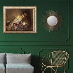 «The Return Home, 1873» в интерьере классической гостиной с зеленой стеной над диваном