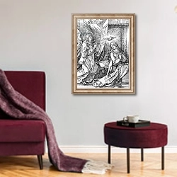 «The Annunciation from the 'Small Passion' series, 1511» в интерьере гостиной в бордовых тонах
