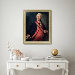 «Portrait of Field Marshal Generalissimo, Count Aleksandr Vasilievich Suvorov, 1786» в интерьере в классическом стиле над столом
