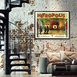 «Metropolis» в интерьере двухярусной гостиной в стиле лофт с кирпичной стеной