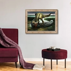 «Allosaurus eating an Apatosaurus» в интерьере гостиной в бордовых тонах