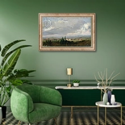 «Thunderstorm Near Dresden, 1830» в интерьере гостиной в зеленых тонах