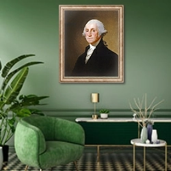 «George Washington, c.1821» в интерьере гостиной в зеленых тонах
