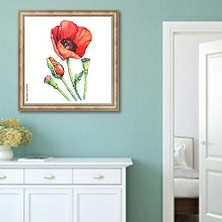 «Красный акварельный цветок мака с бутоном и коробочками с семенами» в интерьере коридора в стиле прованс в пастельных тонах