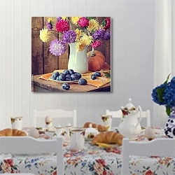 «Натюрморт с астрами и сливами на деревянном столе» в интерьере кухни в стиле прованс над столом с завтраком