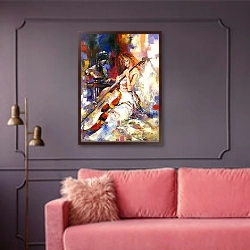 «Девушка и виолончель» в интерьере гостиной с розовым диваном