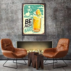 «Ретро плакат с пляжным коктейлем» в интерьере в стиле лофт с бетонной стеной над камином