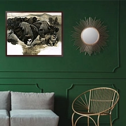 «Charging buffalo» в интерьере классической гостиной с зеленой стеной над диваном