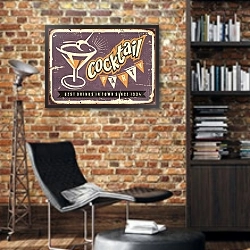 «Коктейльная вечеринка, ретро-плакат с бокалом мартини» в интерьере кабинета в стиле лофт с кирпичными стенами