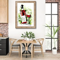 «Красное вино скетч» в интерьере кухни с кирпичными стенами над столом