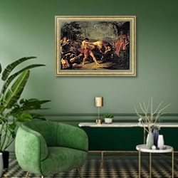 «Испытание силы Яна Усмаря. 1796» в интерьере гостиной в зеленых тонах