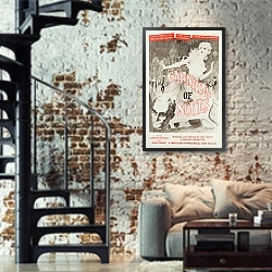 «Ретро-Реклама 179» в интерьере двухярусной гостиной в стиле лофт с кирпичной стеной