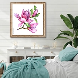 «Ветка розовой магнолии Лилифлора» в интерьере спальни в стиле прованс с голубыми деталями