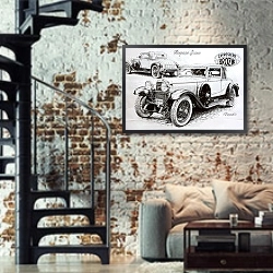 «Автомобили в искусстве 16» в интерьере двухярусной гостиной в стиле лофт с кирпичной стеной