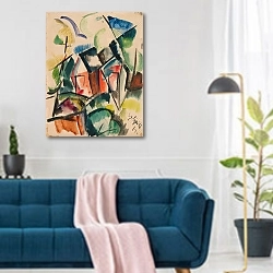 «Mökki» в интерьере современной гостиной над синим диваном