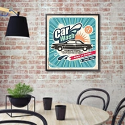 «Ретро плакат для мойки авто» в интерьере кухни в стиле лофт с кирпичной стеной