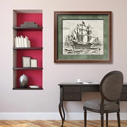 «The English war vessel Harry Grace A Dieu, built in 1513» в интерьере кабинета в классическом стиле над столом