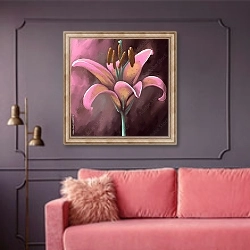 «Розовая лилия, крупным планом» в интерьере гостиной с розовым диваном