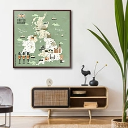 «Соединенное Королевство, Карта путешествия» в интерьере комнаты в стиле ретро над тумбой