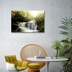 «Чехия. Водопад в парке Шумава №7» в интерьере современной гостиной с желтым креслом