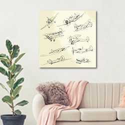«Коллекция аэропланов» в интерьере современной светлой гостиной над диваном