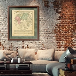 «Карта восточного полушария 1» в интерьере гостиной в стиле лофт с кирпичной стеной