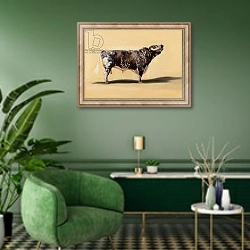 «Longhorn bull, 2016» в интерьере гостиной в зеленых тонах