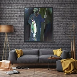 «hooked» в интерьере в стиле лофт с кирпичной стеной и синим креслом