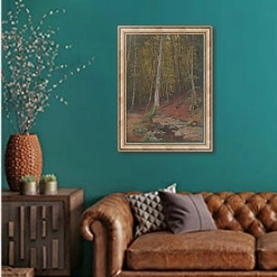 «Forest» в интерьере гостиной с зеленой стеной над диваном